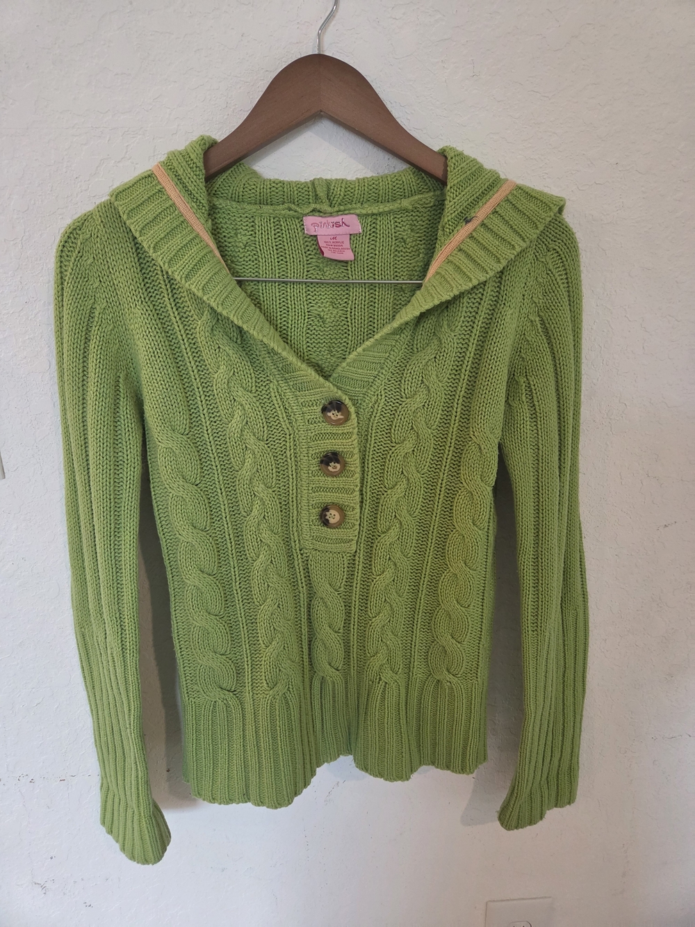 Vintage Y2K Pinkish Green Cable Knit Hooded Sweater M Henley 3 Button Chunky